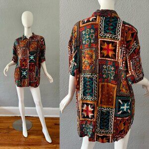 Vintage 90s Southwestern Rayon Oversized Grunge Button Blouse Top XL